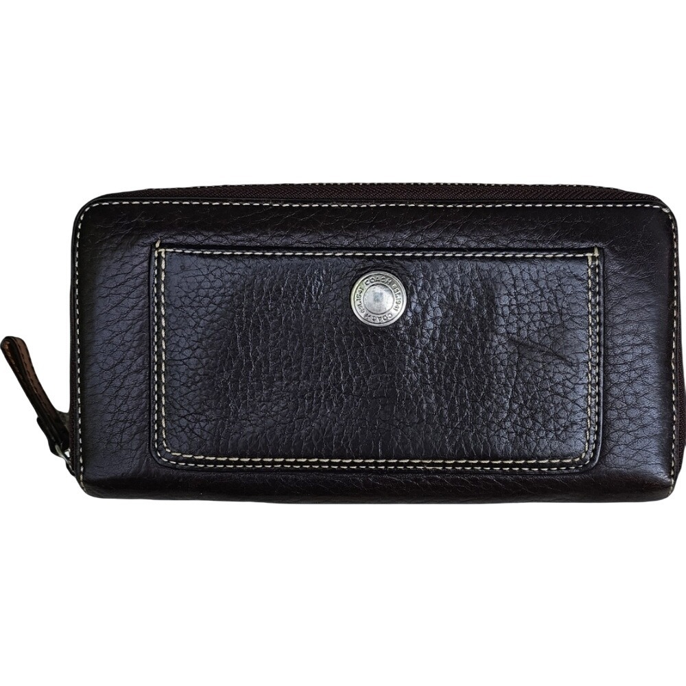 Vintage Coach Brown Zip Around Wallet Soft Pebbled Leather Contrast Stitch